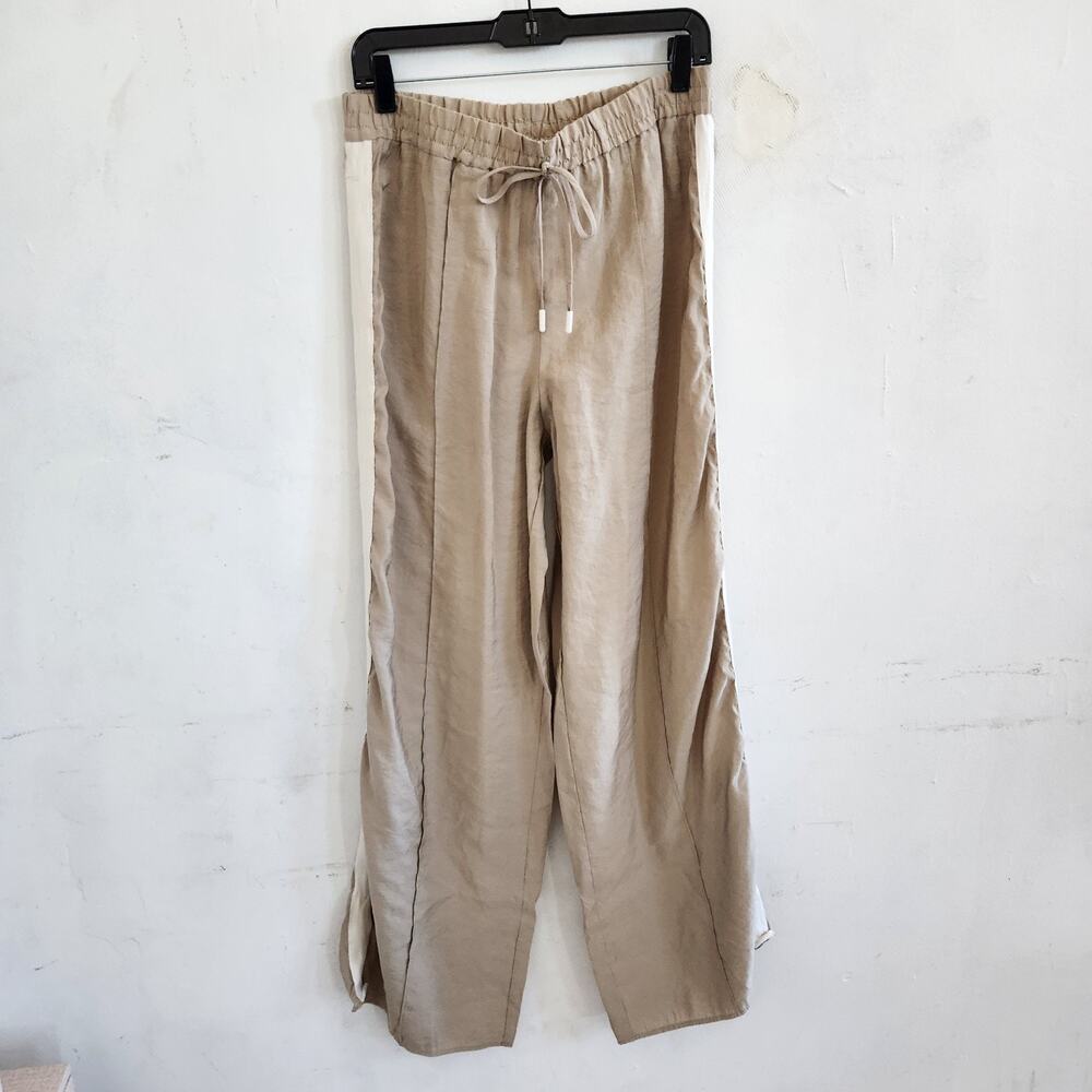ZARA Sz L Tan Drawstring Flowy Pants Elastic Waist Wide Leg White Stripe - Picture 8 of 8
